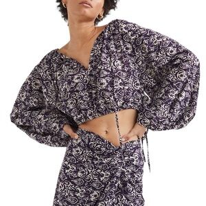 NWT blue white print gauzy cotton balloon sleeve oversized cropped blouse top S